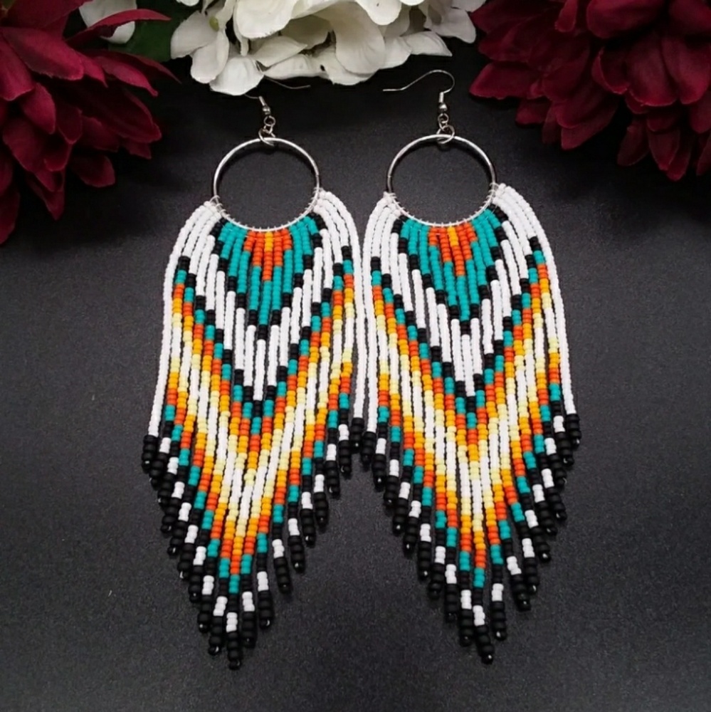 Beaded Fringe Hoop Earrings